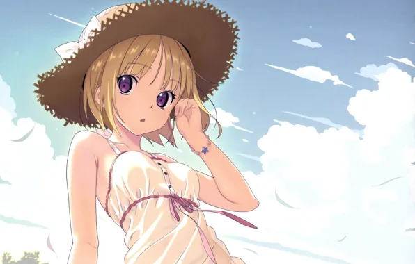 Bracelet, vacation, sundress, blue sky, straw hat, by koutaro