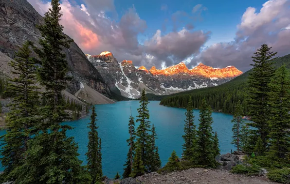 Forest, sunset, mountains, nature, the evening, Canada, Canada, moraine lake