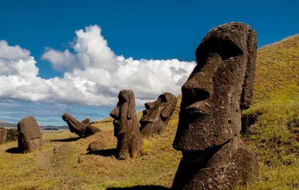 The sky, slope, Easter island, statue, Chile, Rapa Nui, moai