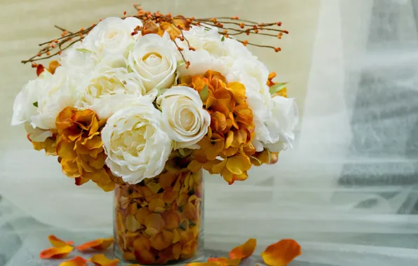 Picture white, flowers, orange, background, widescreen, Wallpaper, bouquet, petals