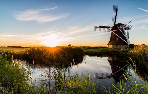 Morning, mill, channel, Netherlands, Hollandia