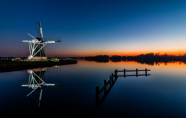 Picture the evening, backlight, mill, channel, Netherlands, Holland