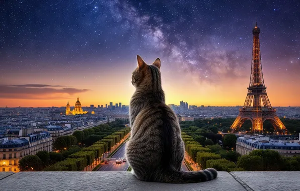 Cat, cat, night, the city, lights, pose, grey, France
