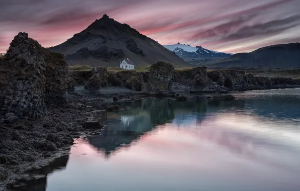 The sky, sunset, mountains, lake, reflection, the evening, house, Iceland