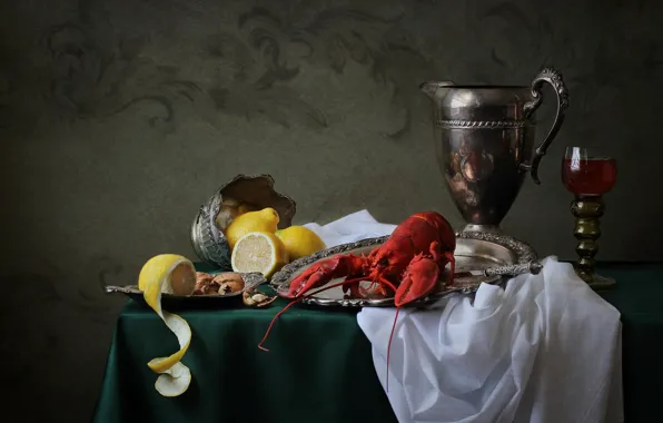 Lemon, glass, still life, Cup, lobster