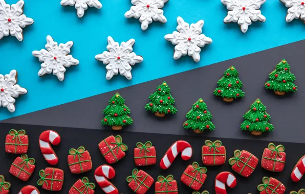 Snowflakes, texture, cookies, Christmas, gifts, New year, figures, glaze