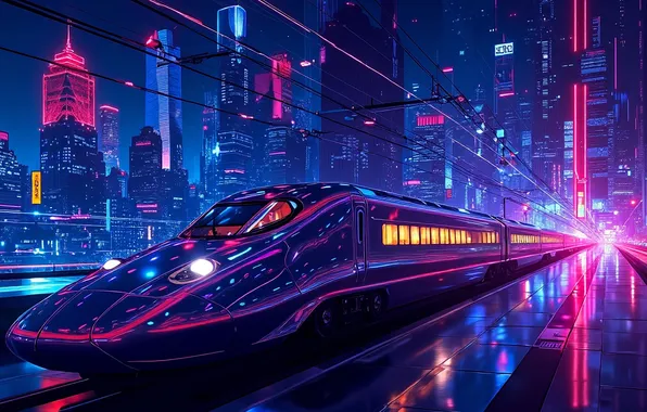 The city, train, neon lights
