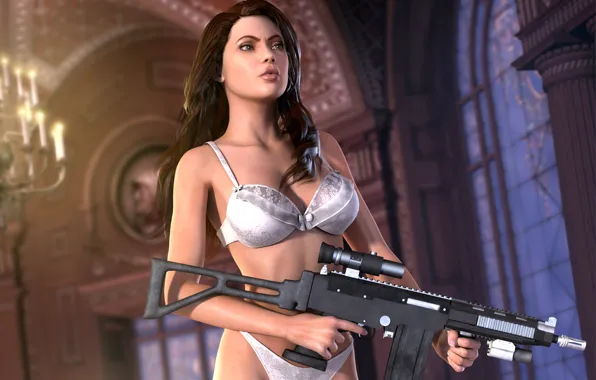 Look, girl, face, rendering, weapons, white, hair, body