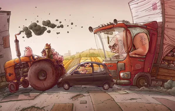 Road, machine, figure, field, truck, tractor, tube, pigs