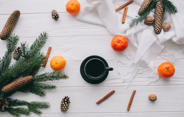 Decoration, New Year, Christmas, Christmas, wood, New Year, coffee cup, tangerines