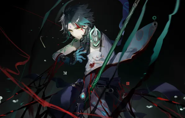 Picture flowers, tattoo, guy, Xiao, Genshin Impact