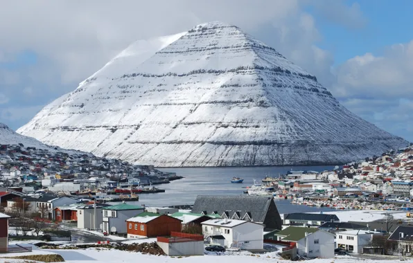 The sky, Islands, the city, photo, mountain, snowy, Friscia, Klaksvik