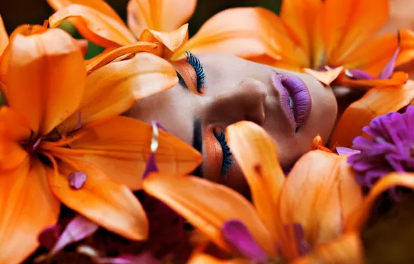 Picture girl, flowers, makeup