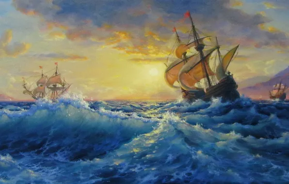 Picture sea, storm, beauty, Sails, ships.