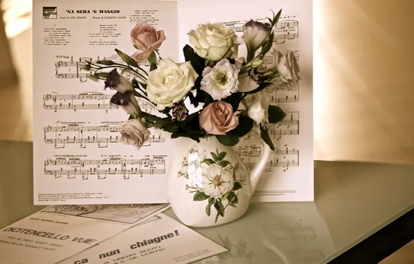 PETALS, MUSIC, TABLE, ROSES, BOUQUET, NOTES, BUDS, PITCHER