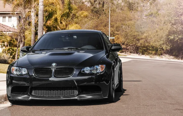 Picture road, trees, black, street, bmw, BMW, black, the front