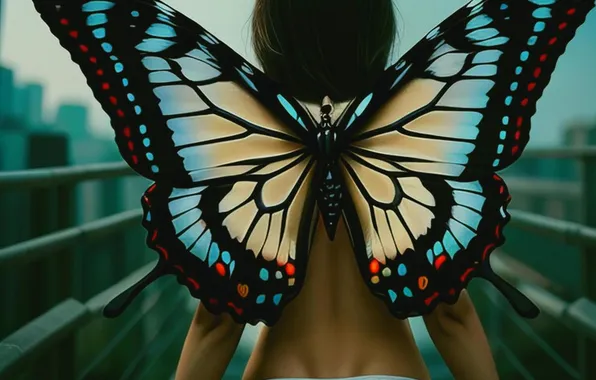 Girl, butterfly, wings, digital art, neural network, created AI