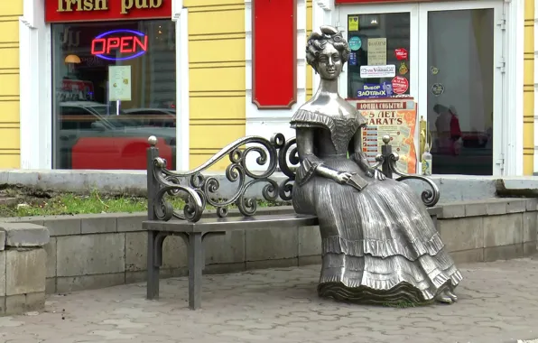 Girl, bench, city, the city, girl, sculpture, bench, sculpture