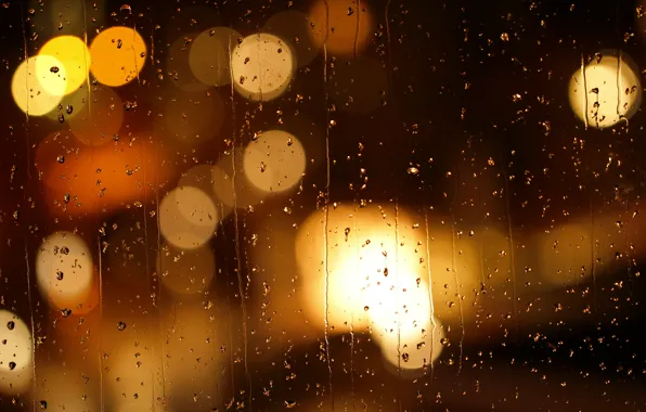 Sadness, glass, drops, night, the city, lights, glare, rain