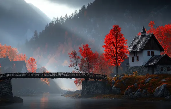 Autumn, forest, light, trees, landscape, mountains, nature, fog