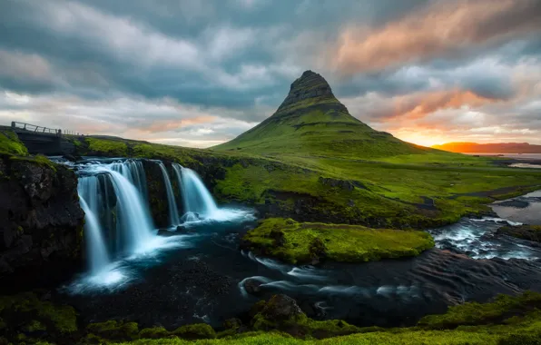 Picture greens, summer, the sky, clouds, landscape, sunset, mountains, river