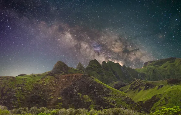 Greens, stars, mountains, the milky way