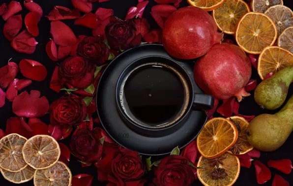 Picture coffee, roses, Cup, fruit