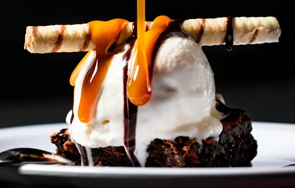 Food, chocolate, ice cream, cakes, sweet, wafer, syrup, caramel