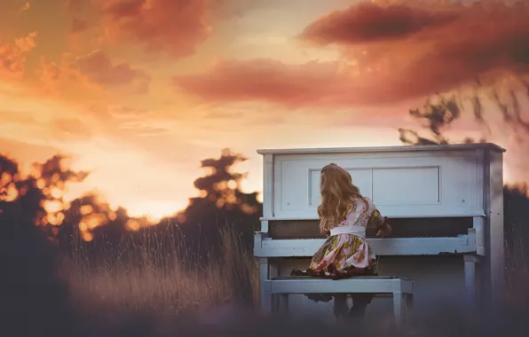 Girl, piano, Sunset Piano