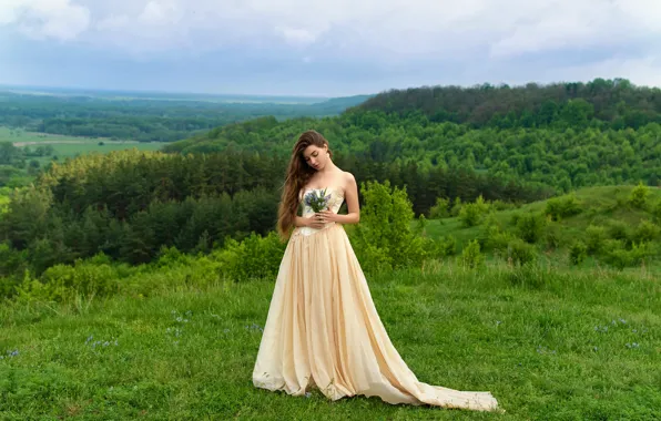 Picture forest, girl, nature, pose, hair, dress, Valentine Shepitko
