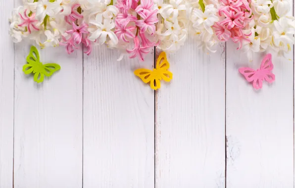 Butterfly, flowers, pink, wood, pink, flowers, spring, hyacinths