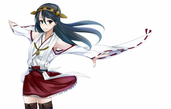 Picture look, girl, smile, white background, gesture, art, kantai collection, haruna