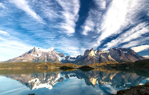 Water, clouds, mountains, lake, reflection, Chile, Patagonia