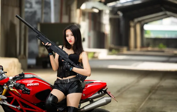 Girl, face, weapons, background, hair, motorcycle