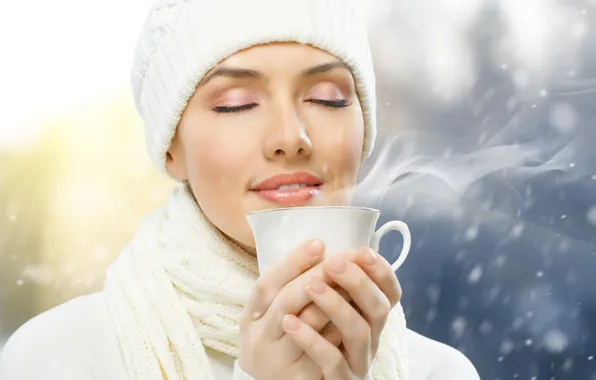 Picture winter, face, woman, coffee, Girls