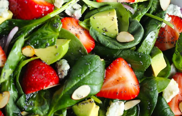 Picture greens, cheese, strawberry, almonds, strawberry, salad, avocado, cheese