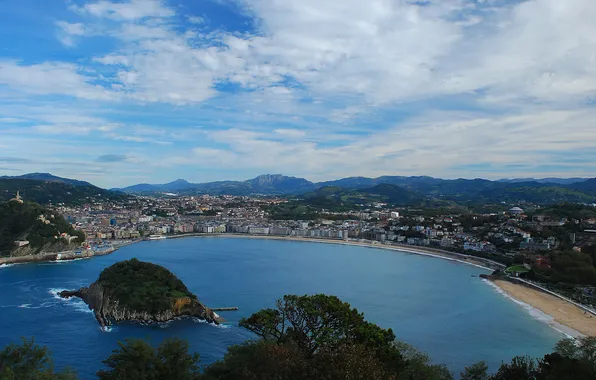 Picture the sky, clouds, mountains, the city, island, Bay, Spain, San Sebastian