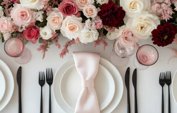 Flowers, table, holiday, roses, glasses, plates, dishes, white background