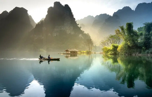 Rays, light, mountains, fog, lake, reflection, rocks, hills
