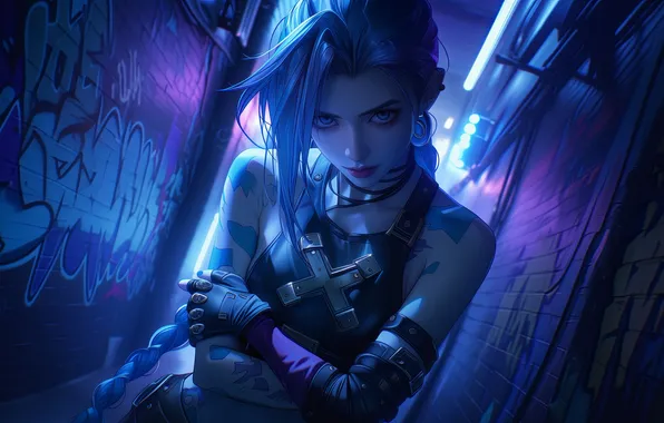 Picture girl, art, blue eyes, tattoo, look, digital art, shirt, Jinx