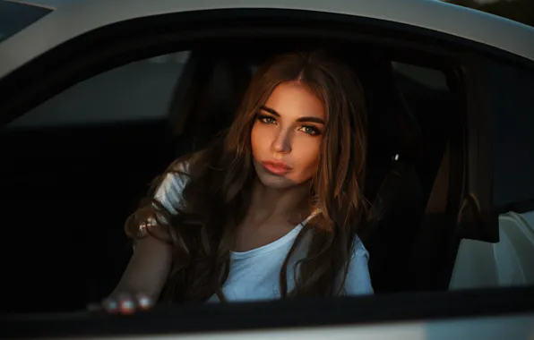 Picture car, girl, Model, green eyes, long hair, brown hair, photo, lips