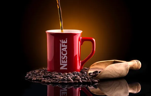 Reflection, background, coffee, mug, coffee beans, scoop, Nescafé