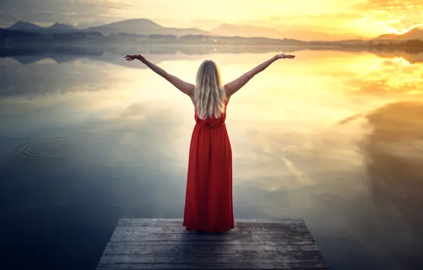 Girl, lake, dress, Red Dress at the Lake