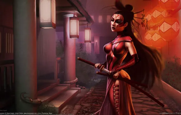 Girl, the city, sword, katana, art, lights, Asian, steve argyle