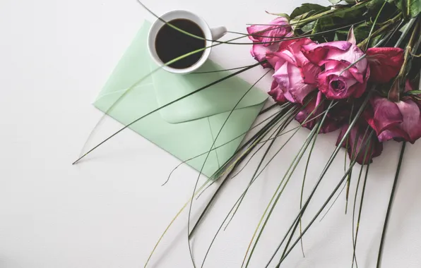 Roses, bouquet, Coffee, Table, Letter