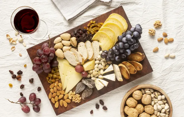 Wine, cheese, grapes, nuts, raisins, cheese plate, Dor blue, Cheese