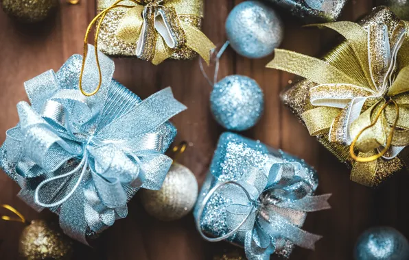 Decoration, balls, New Year, Christmas, gifts, golden, Christmas, balls