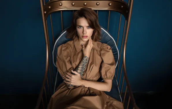 Look, girl, pose, room, portrait, chair, hands, dress