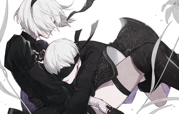 Stockings, hugs, gloves, eye patch, art, black suit, a pair of lovers, yorha unit no. …