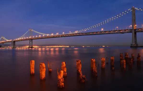 Water, night, bridge, lights, panorama, San Francisco, Bay-bridge